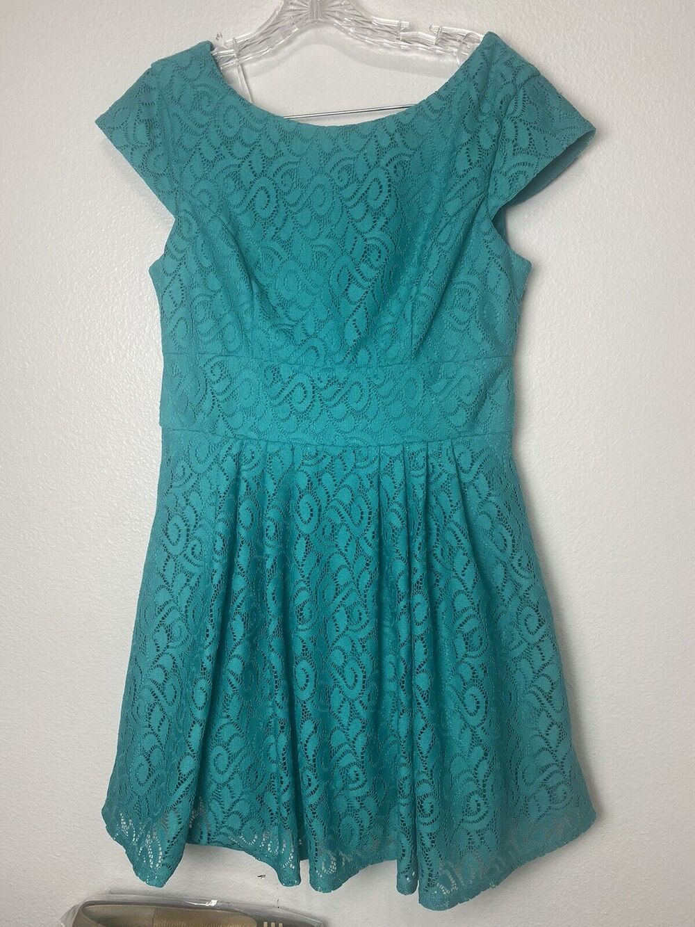 B Darlin Womens Mini Dress Size 11/12 Teal Lace Pleated Lined Tulle Crinoline